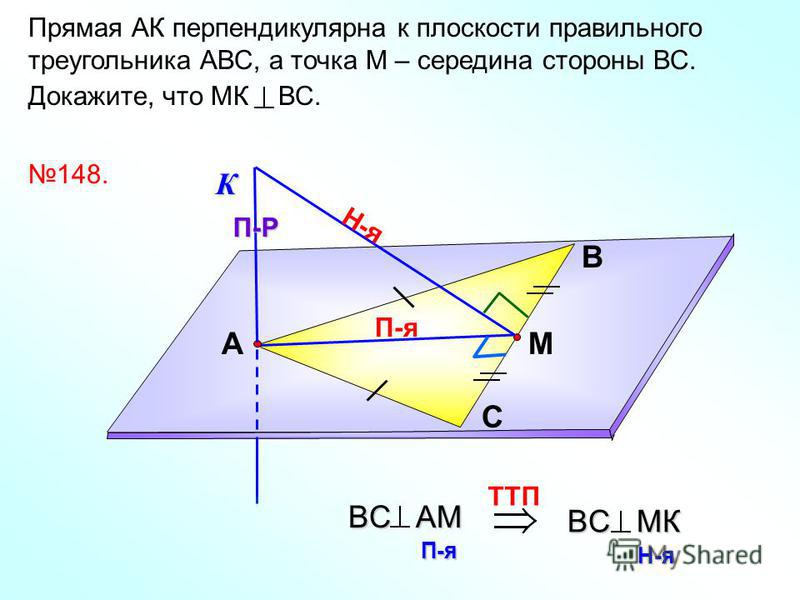 Прямая АК перпендикулярна к плоскости правильного треугольника АВС, а точка М – середина стороны ВС. Докажите, что МК ВС. В С АМ 148. К П-я П-Р Н-я TTП BC AМ П-я BC MК Н-я