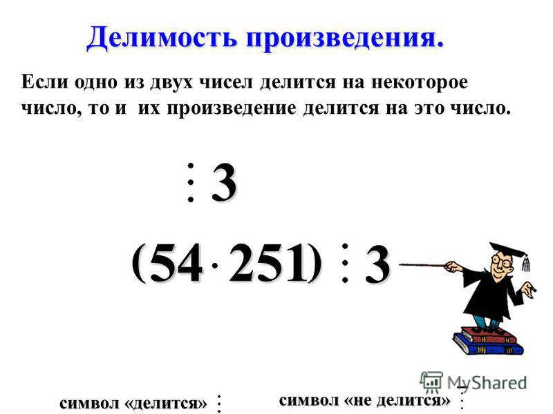3 ( ) 5454251 Делимость произведения. 3 Если одно из двух чисел делится на некоторое число, то и их произведение делится на это число. символ «не делится» символ «делится»