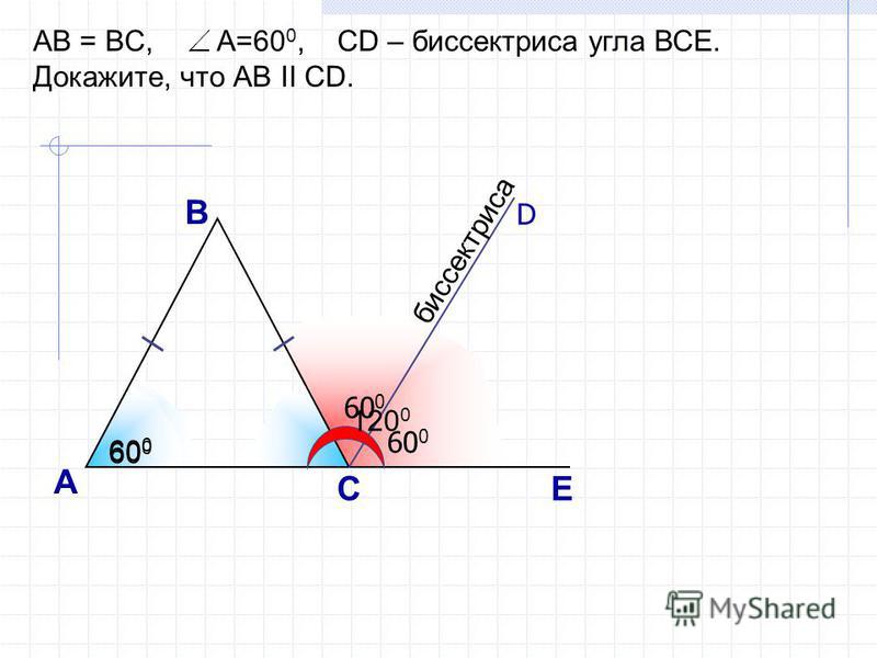 А С В D E AB = BC, A=60 0, CD – биссектриса угла ВСЕ. Докажите, что АВ II CD. биссектриса 60 0 120 0 60 0