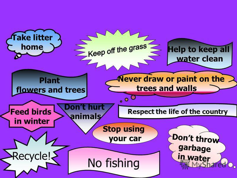 Feed birds in winter Dont hurt animals Take litter home Respect the life of the country No fishing Recycle! Never draw or paint on the trees and walls Dont throw garbage in water Stop using your car Plant flowers and trees Help to keep all water clea
