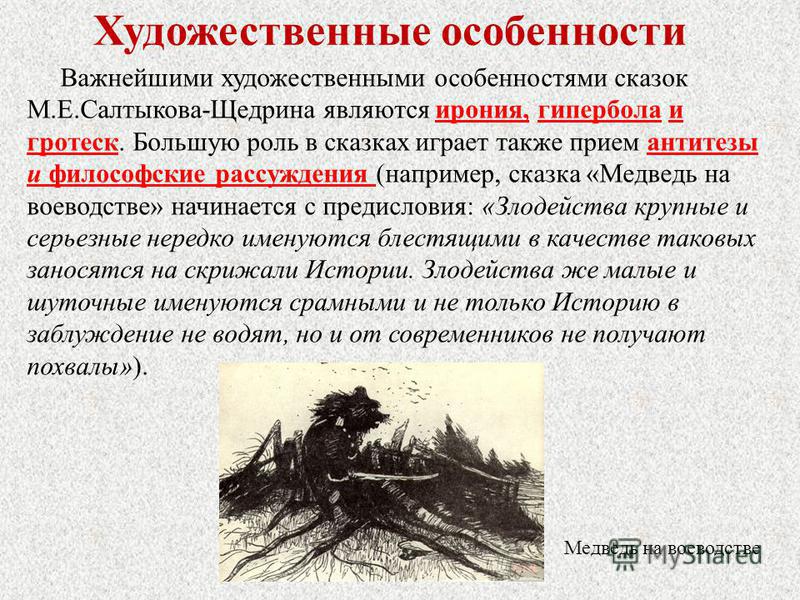 Художественные особенности Важнейшими художественными особенностями сказок М.Е.Салтыкова-Щедрина являются ирония, гипербола и гротеск. Большую роль в сказках играет также прием антитезы и философские рассуждения (например, сказка «Медведь на воеводст