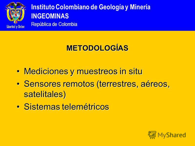 Instituto Colombiano de Geología y Minería INGEOMINAS República de Colombia METODOLOGÍAS Mediciones y muestreos in situMediciones y muestreos in situ Sensores remotos (terrestres, aéreos, satelitales)Sensores remotos (terrestres, aéreos, satelitales)