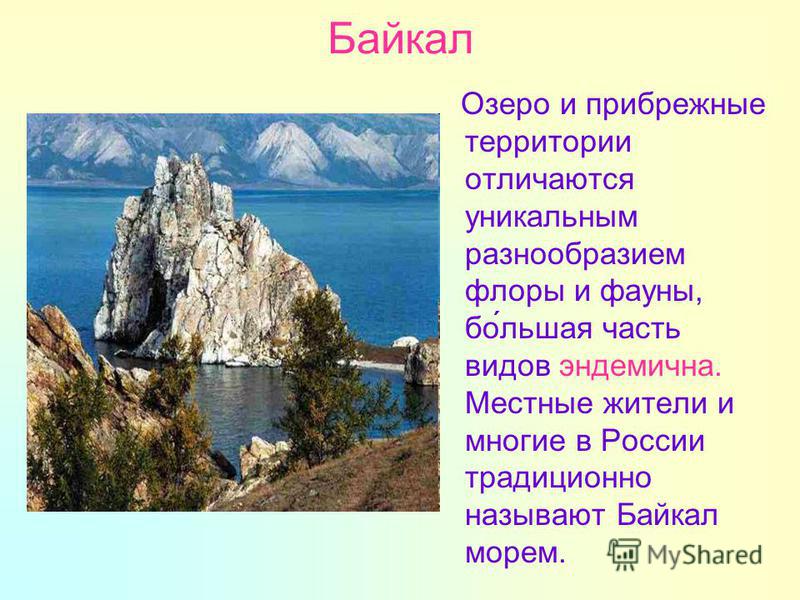 Байкал Озеро и прибрежные территории отличаются уникальным разнообразием флоры и фауны, бо́льшая часть видов эндемична. Местные жители и многие в России традиционно называют Байкал морем.