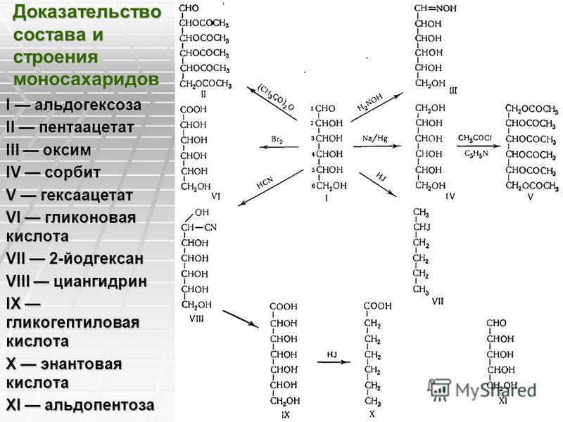 Доказательство состава и строения моносахаридов I альдогексоза II пентаацетат III оксим IV сорбит V гексаацетат VI глюконовая кислота VII 2-йодгексан VIII циангидрин IX гликогептиловая кислота X энантовая кислота XI альдопентоза
