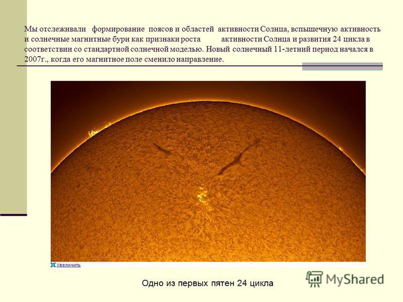 Мы отслеживали формирование поясов и областей активности Солнца, вспышечную активность и солнечные магнитные бури как признаки роста активности Солнца и развития 24 цикла в соответствии со стандартной солнечной моделью. Новый солнечный 11-летний пери