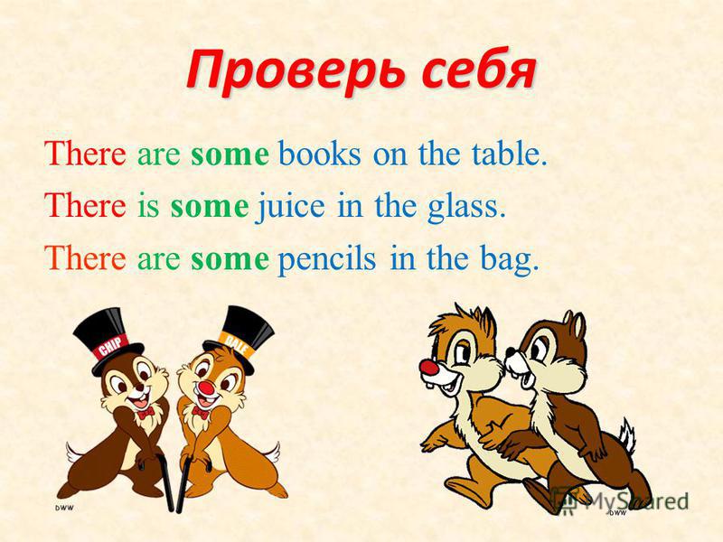 Проверь себя There are some books on the table. There is some juice in the glass. There are some pencils in the bag.