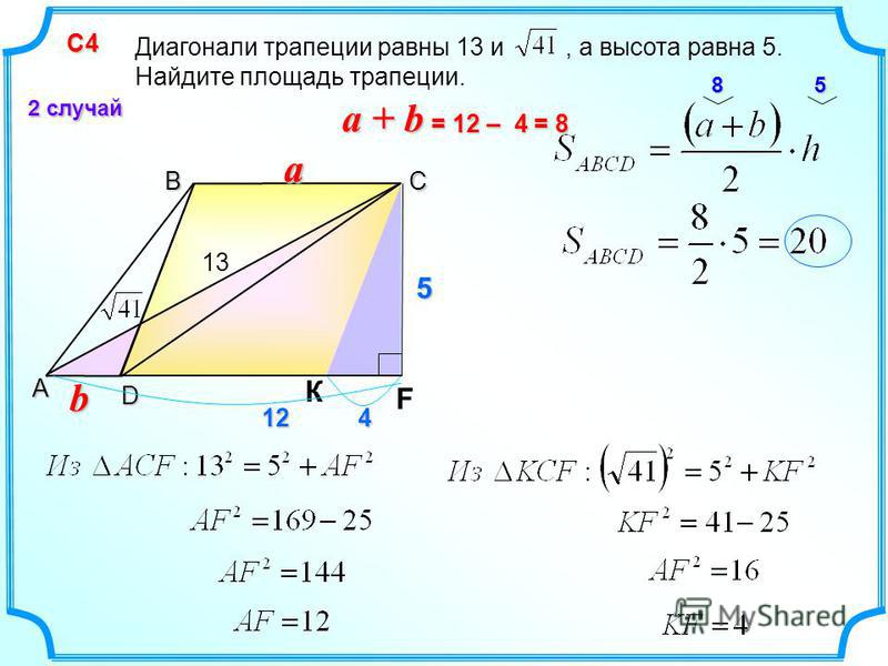 ВС КA D С4 С4 2 случай Диагонали трапеции равны 13 и, а высота равна 5. Найдите площадь трапеции. 13 aa b F 124 8 55 a + b = 12 – 4 = 8