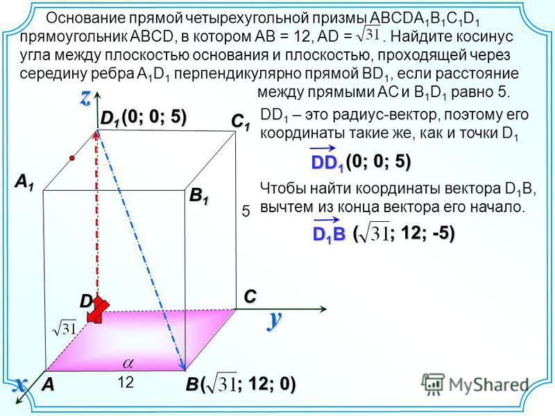Основание прямой четырехугольной призмы ABCDA 1 B 1 C 1 D 1 прямоугольник ABCD, в котором AB = 12, AD =. Найдите косинус угла между плоскостью основания и плоскостью, проходящей через середину ребра A 1 D 1 перпендикулярно прямой BD 1, если расстояни