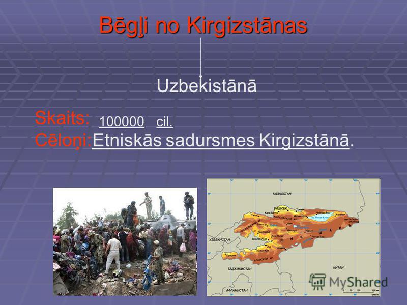 Bēgļi no Kirgizstānas Uzbekistānā Skaits: 100000cil. Cēloņi: Etniskās sadursmes Kirgizstānā.