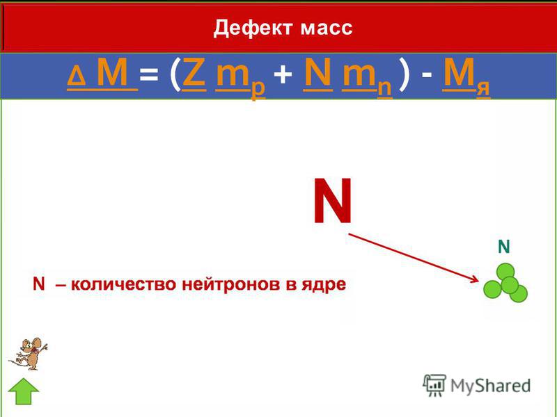 Δ M Δ M = (Z m p + N m n ) - M яZm pNm nM я Дефект масс