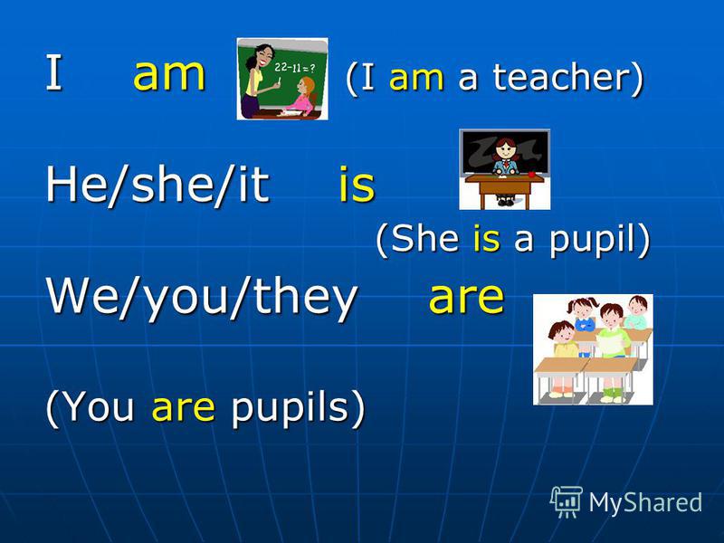 I am (I am a teacher) He/she/it is (She is a pupil) (She is a pupil) We/you/they are (You are pupils)