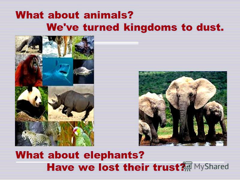 What about animals? We've turned kingdoms to dust. What about elephants? Have we lost their trust?