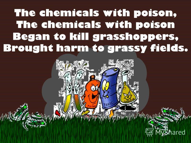 The chemicals with poison, The chemicals with poison Began to kill grasshoppers, Brought harm to grassy fields.