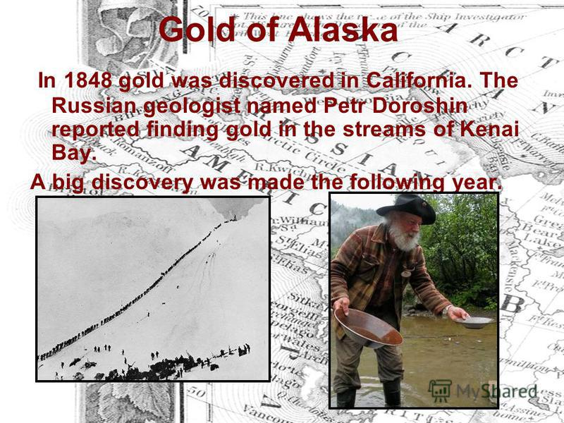 Gold of Alaska In 1848 gold was discovered in California. The Russian geologist named Petr Doroshin reported finding gold in the streams of Kenai Bay. A big discovery was made the following year.