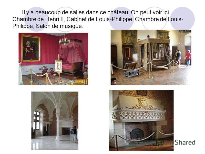 Il y a beaucoup de salles dans ce château. On peut voir ici Chambre de Henri II, Cabinet de Louis-Philippe, Chambre de Louis- Philippe, Salon de musique.