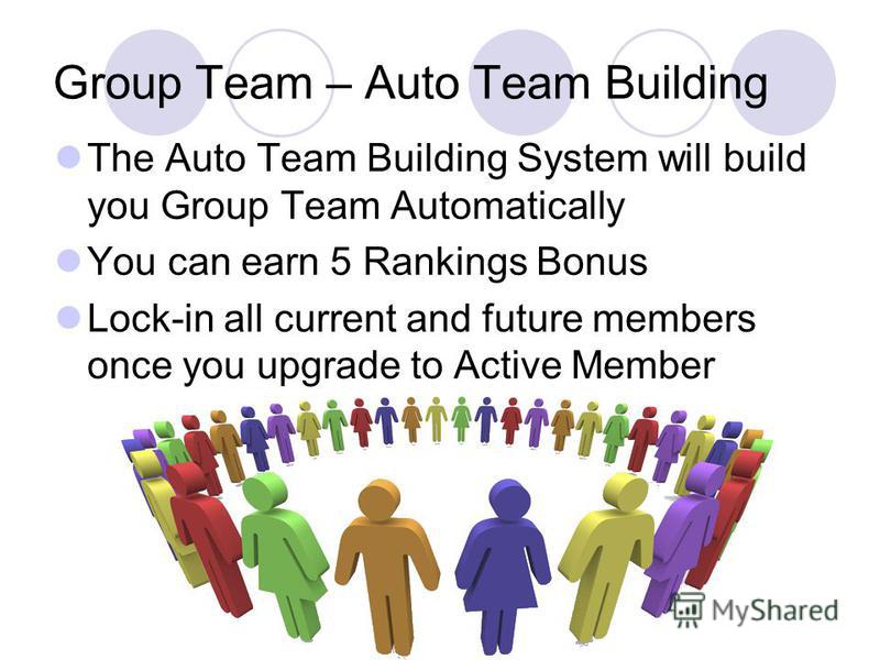 Group Team – Auto Team Building The Auto Team Building System will build you Group Team Automatically You can earn 5 Rankings Bonus Lock-in all current and future members once you upgrade to Active Member