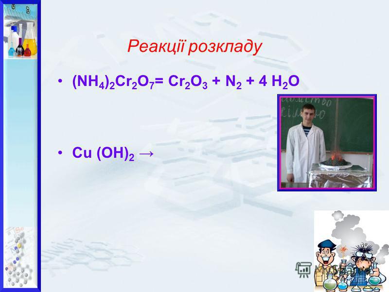 Реакції розкладу (NH 4 ) 2 Cr 2 O 7 = Cr 2 O 3 + N 2 + 4 H 2 O Cu (OH) 2