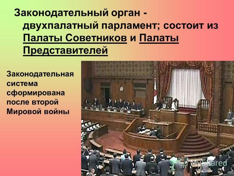 Законодательный орган - двухпалатный парламент; состоит из Палаты Советников и Палаты Представителей Законодательная система сформирована после второй Мировой войны