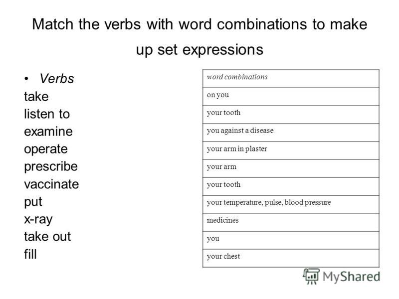 Match the verbs with word combinations to make up set expressions Verbs take listen to examine operate prescribe vaccinate put x-ray take out fill word combinations on you your tooth you against a disease your arm in plaster your arm your tooth your 
