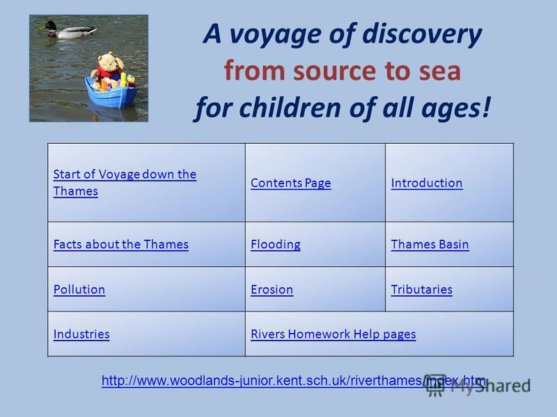 A voyage of discovery from source to sea for children of all ages! Start of Voyage down the Thames Contents PageIntroduction Facts about the ThamesFloodingThames Basin PollutionErosionTributaries IndustriesRivers Homework Help pages http://www.woodla
