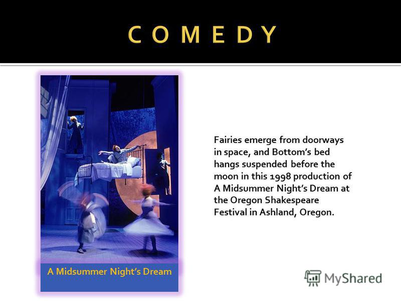 A Midsummer Nights Dream Fairies emerge from doorways in space, and Bottoms bed hangs suspended before the moon in this 1998 production of A Midsummer Nights Dream at the Oregon Shakespeare Festival in Ashland, Oregon.