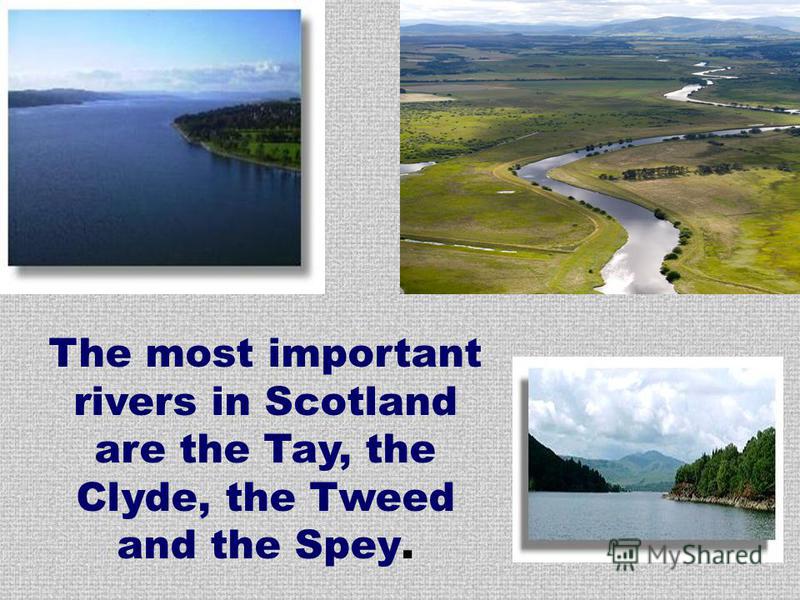 The most important rivers in Scotland are the Tay, the Clyde, the Tweed and the Spey.