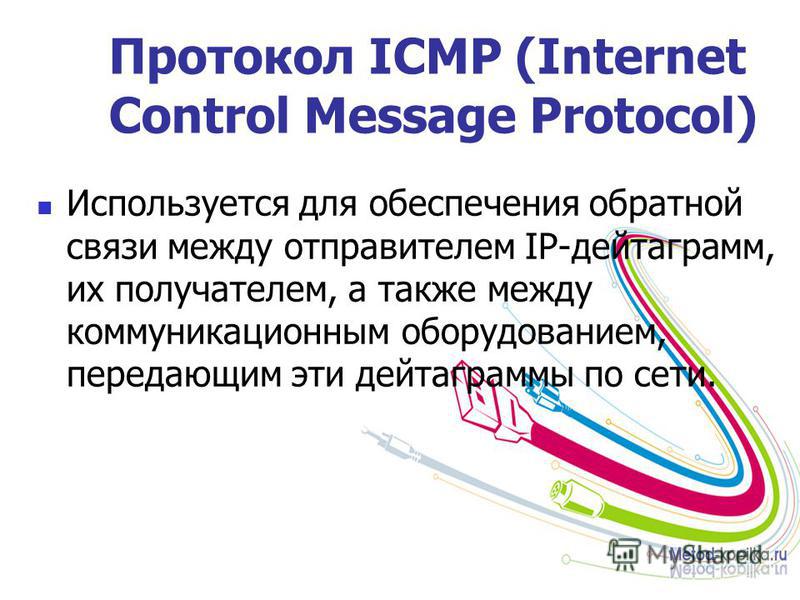 Протокол ICMP (Internet Control Message Protocol) Используется для обеспечения обратной связи между отправителем IP-дейтаграмм, их получателем, а также между коммуникационным оборудованием, передающим эти дейтаграммы по сети.