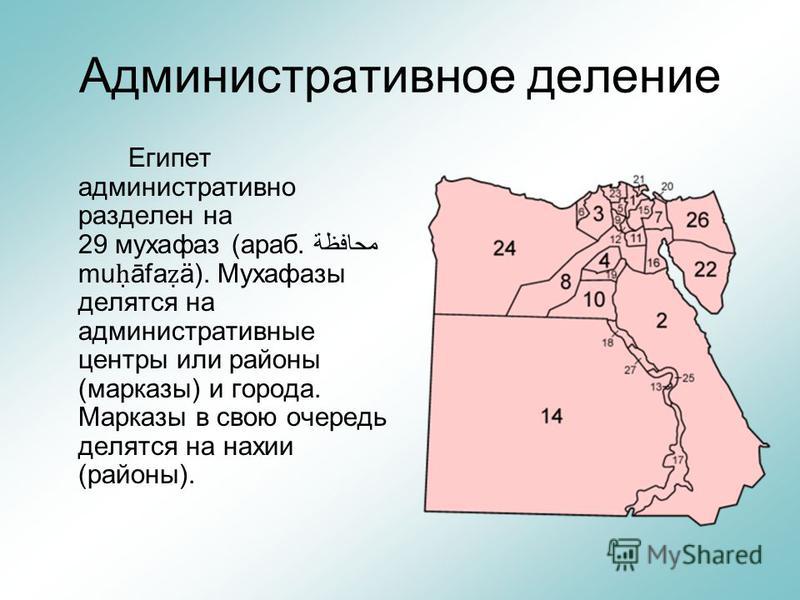 Административное деление Египет административно разделен на 29 мухафаз (араб. محافظة mu āfa ä). Мухафазы делятся на административные центры или районы (маркизы) и города. Марказы в свою очередь делятся на назии (районы).
