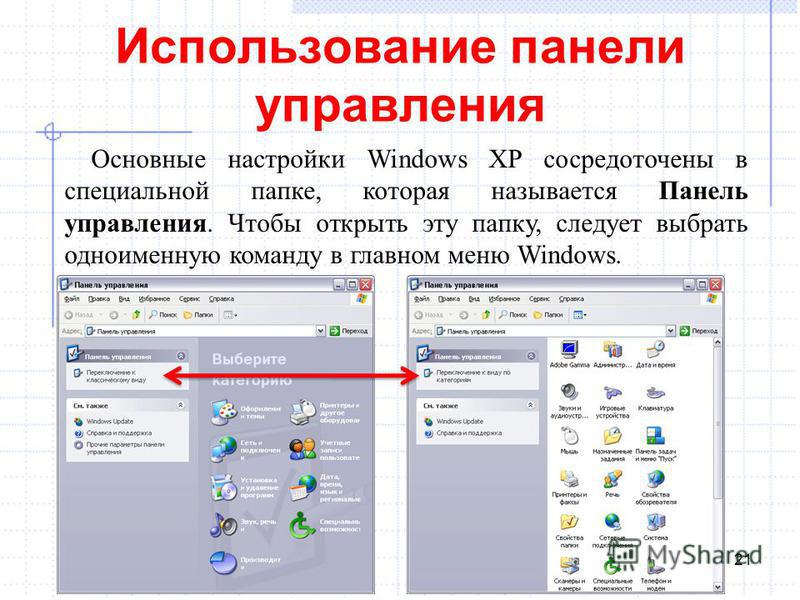 Использование панели управления 21 Основные настройки Windows XP сосредоточены в специальной папке, которая называется Панель управления. Чтобы открыть эту папку, следует выбрать одноименную команду в главном меню Windows.