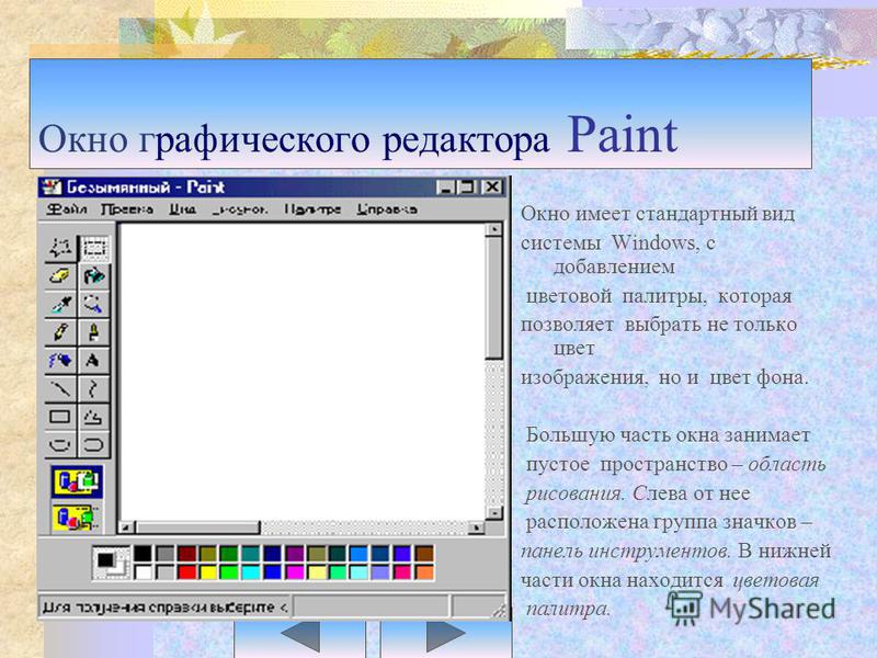 Окно графического редактора Paint Окно имеет стандартный вид системы Windows, с добавлением цветовой палитры, которая позволяет выбрать не только цвет изображения, но и цвет фона. Большую часть окна занимает пустое пространство – область рисования. С
