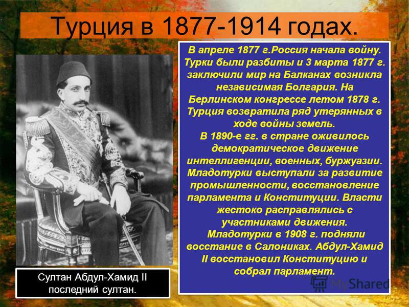 Турция в 1877-1914 годах. Султан Абдул-Хамид II последний султан. В апреле 1877 г.Россия начала войну. Турки были разбиты и 3 марта 1877 г. заключили мир на Балканах возникла независимая Болгария. На Берлинском конгрессе летом 1878 г. Турция возврати