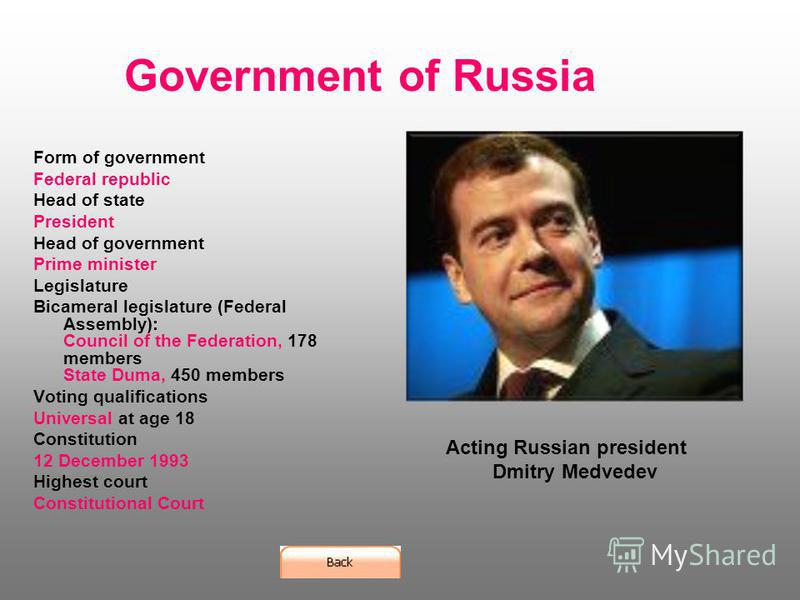 Government of Russia Form of government Federal republic Head of state President Head of government Prime minister Legislature Bicameral legislature (Federal Assembly): Council of the Federation, 178 members State Duma, 450 members Voting qualificati