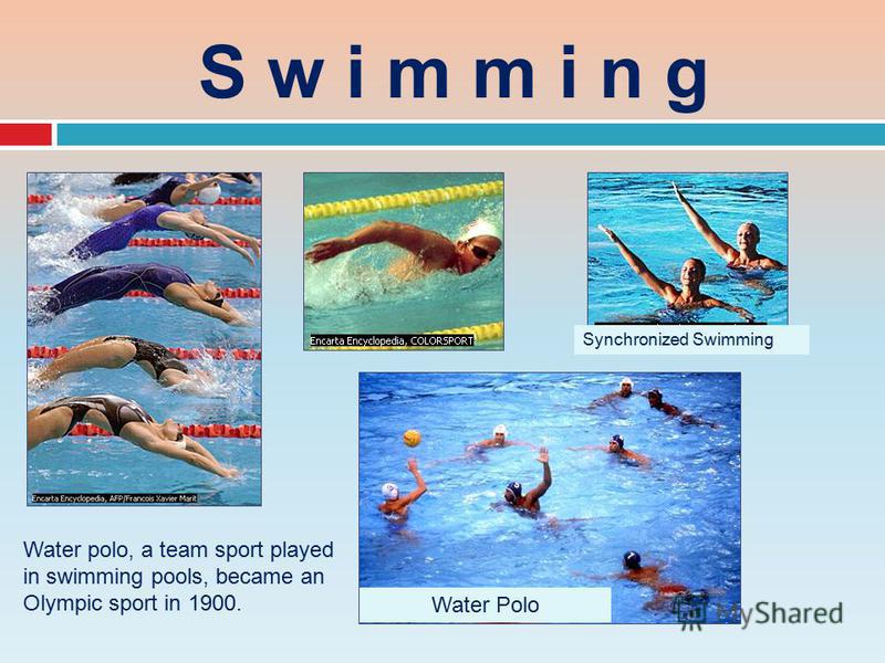 S w i m m i n g Water Polo Synchronized Swimming Water polo, a team sport played in swimming pools, became an Olympic sport in 1900.