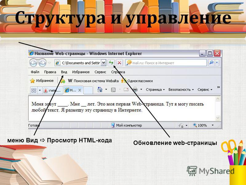 Структура и управление Обновление web-страницы меню Вид Просмотр HTML-кода