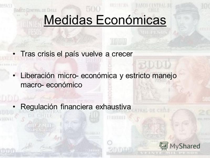 Medidas Económicas Tras crisis el país vuelve a crecer Liberación micro- económica y estricto manejo macro- económico Regulación financiera exhaustiva