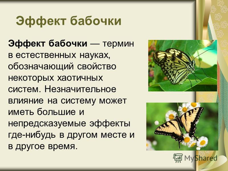 Эффект бабочки Эффект бабочки термин в естественных науках, обозначающий свойство некоторых хаотичных систем. Незначительное влияние на систему может иметь большие и непредсказуемые эффекты где-нибудь в другом месте и в другое время.