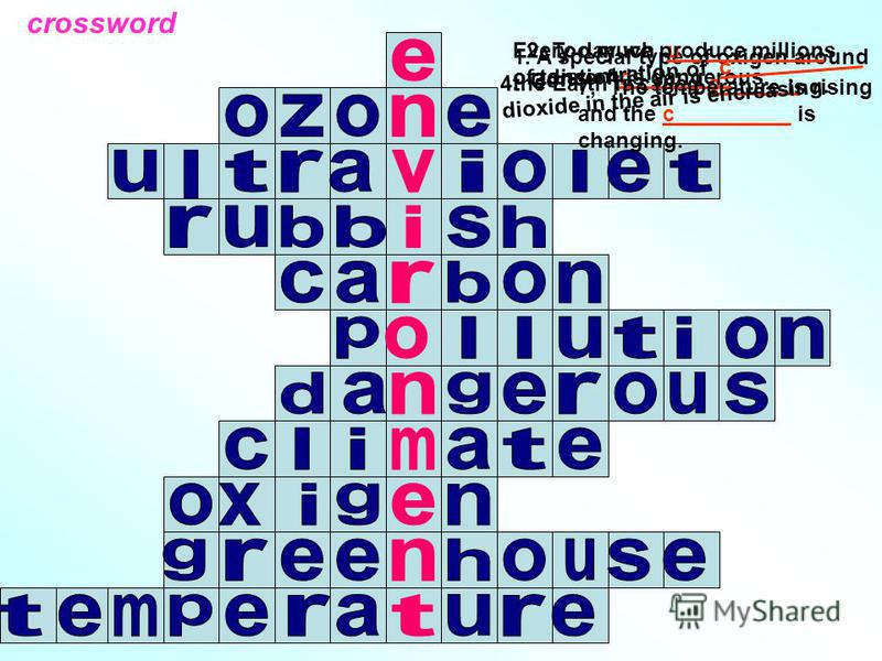 crossword 1. A special type of oxigen around the Earth is called o. 2. Too much u____________ radiation is dangerous. Every day we produce millions of tons of r. 4. Concentration of c___________ dioxide in the air is encreasing. 7, The temperature is