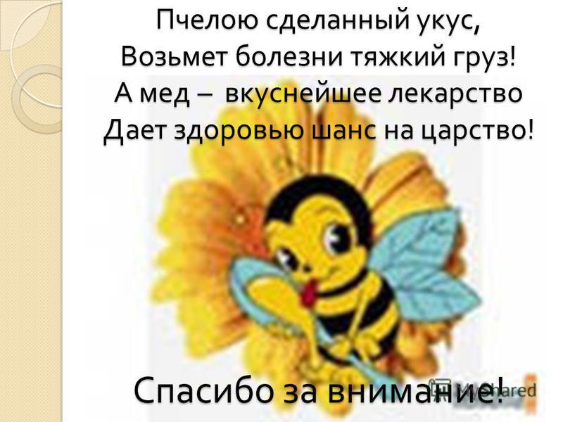 Пчелою сделанный укус, Возьмет болезни тяжкий груз ! А мед – вкуснейшее лекарство Дает здоровью шанс на царство ! Спасибо за внимание !