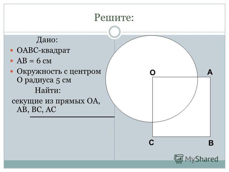 Решите: Дано: OABC-квадрат AB = 6 см Окружность с центром O радиуса 5 см Найти: секущие из прямых OA, AB, BC, АС О А В С О