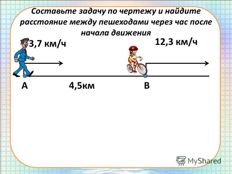 Составьте задачу по чертежу и найдите расстояние между пешеходами через час после начала движения АВ4,5 км 3,7 км/ч 12,3 км/ч