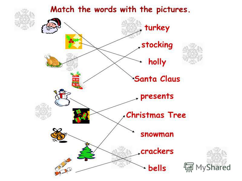 Match the words with the pictures. turkey stocking holly Santa Claus presents Christmas Tree snowman crackers bells