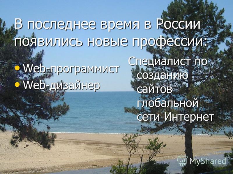 В последнее время в России появились новые профессии: Web-программист Web-дизайнер Специалист по созданию сайтов глобальной сети Интернет