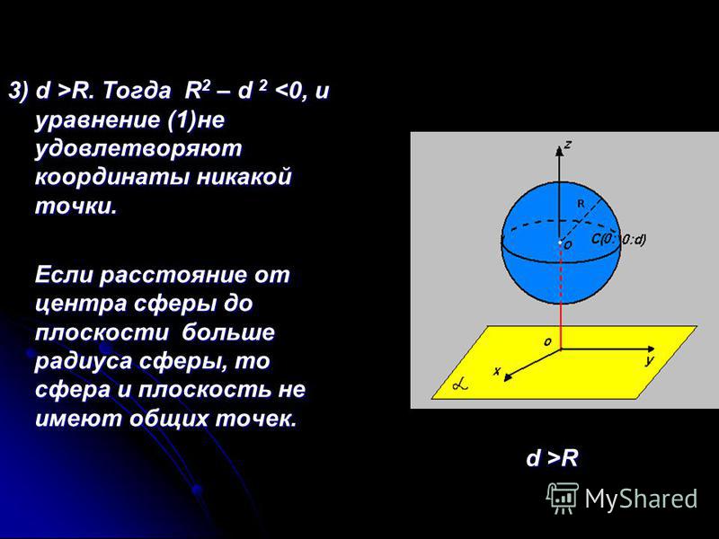 3) d >R. Тогда R 2 – d 2 R. Тогда R 2 – d 2 <0, и уравнение (1)не удовлетворяют координаты никакой точки. Если расстояние от центра сферы до плоскости больше радиуса сферы, то сфера и плоскость не имеют общих точек. d >R