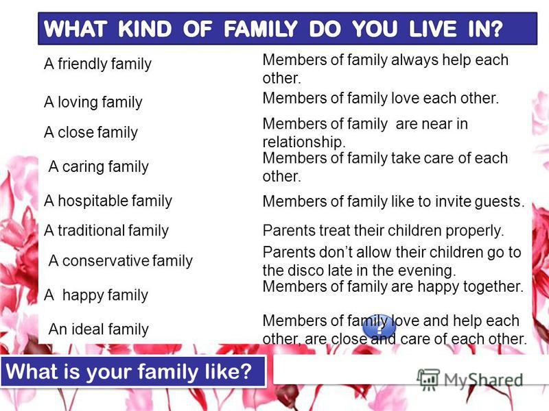 A friendly family A loving family A close family A caring family A hospitable family A traditional family A conservative family An ideal family Members of family always help each other. Members of family take care of each other. Parents dont allow th