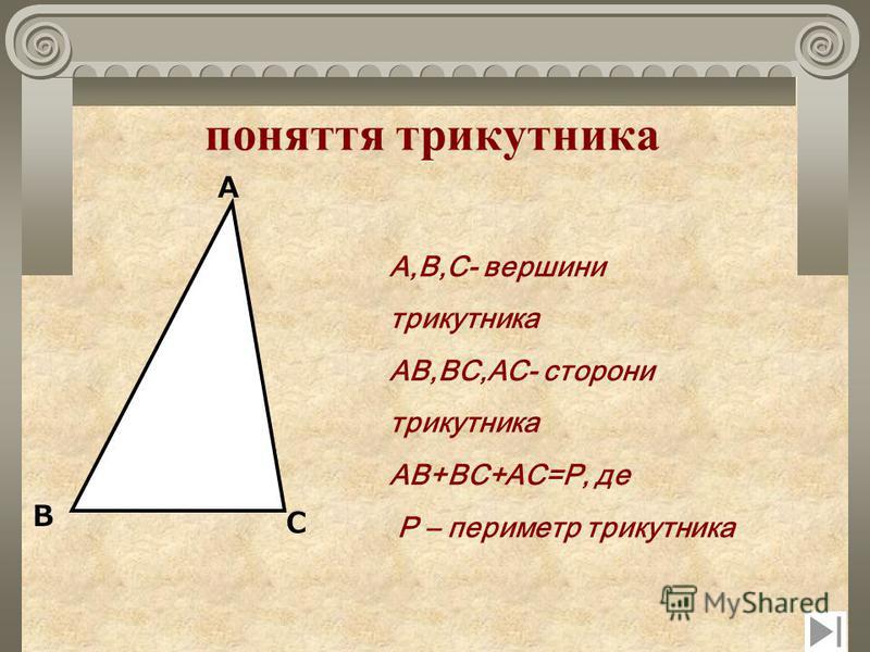 поняття трикутника А,В,С- вершини трикутника АВ,ВС,АС- сторони трикутника АВ+ВС+АС=Р, де Р – периметр трикутника А С В