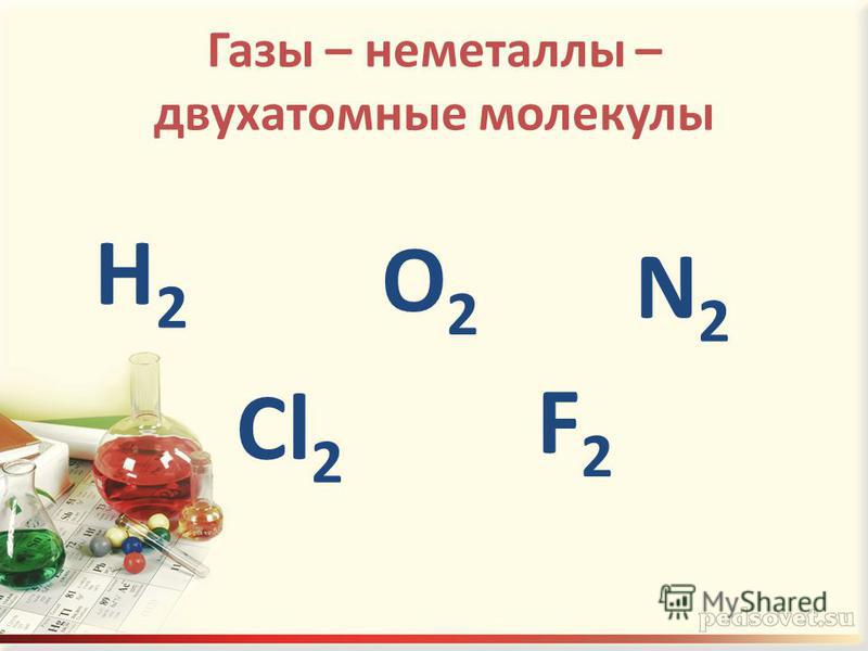 Газы – неметаллы – двухатомные молекулы Н2Н2 О2О2 N2N2 Cl 2 F2F2