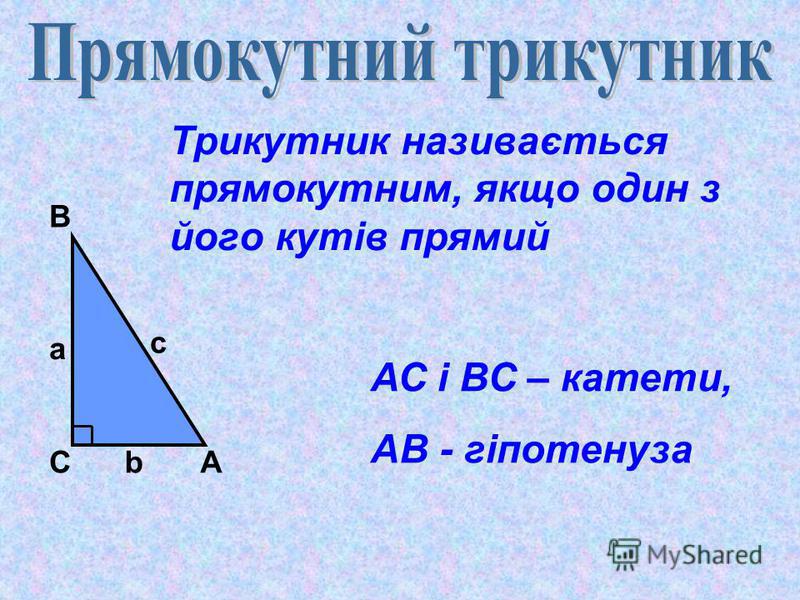 Трикутник називається прямокутним, якщо один з його кутів прямий А В С a b c АС і ВС – катети, АВ - гіпотенуза