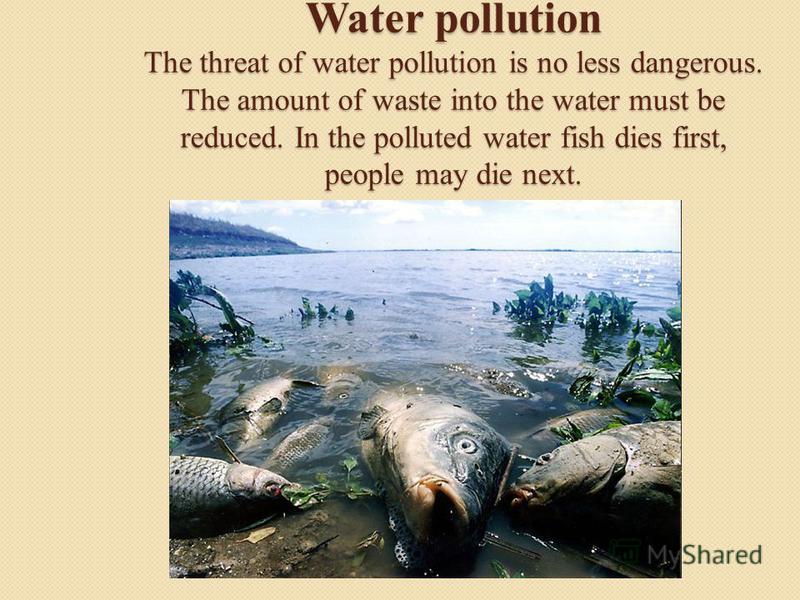 Water pollution The threat of water pollution is no less dangerous. The amount of waste into the water must be reduced. In the polluted water fish dies first, people may die next.