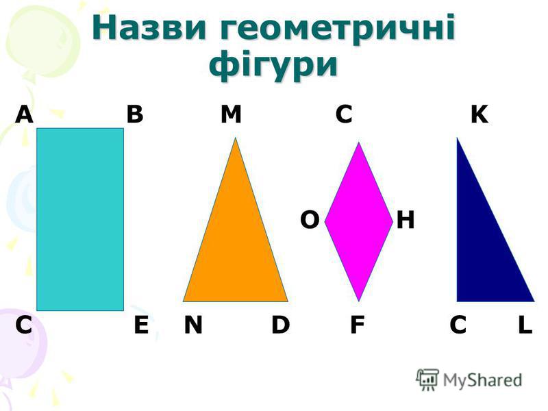 Назви геометричні фігури A B M C K O H C E N D F C L
