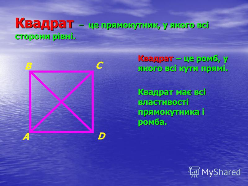 Квадрат – це прямокутник, у якого всі сторони рівні. Квадрат – це ромб, у якого всі кути прямі. Квадрат має всі властивості прямокутника і ромба. А D В С